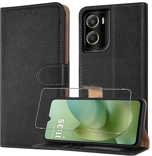 Case for Motorola Moto G06 / G06 Power, Leather Wallet Phone Case [with 1 x Screen Protector], Magnetic Book Flip Folio Cover [RFID Protection & 3 Card Slots] and [Kickstand] for Moto G06 - Black