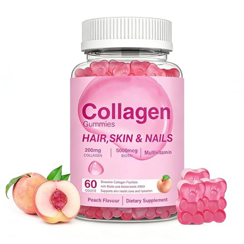 Gomitas de colágeno hidrolizado con péptidos multicolágeno, vitaminas para apoyar el cabello, la piel y las uñas, sin azúcar, sabor a melocotón, 60 unidades
