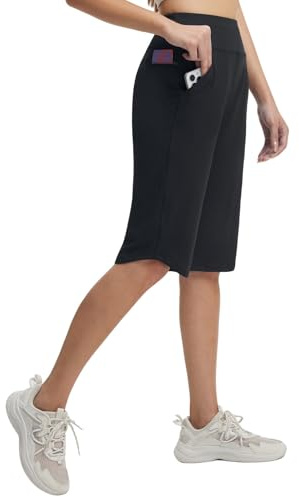 baleaf Women's Bermuda Long Shorts 14 Knee Length with Zipper Pockets Athletic Shorts Walking Athletic Casual Summer Black L