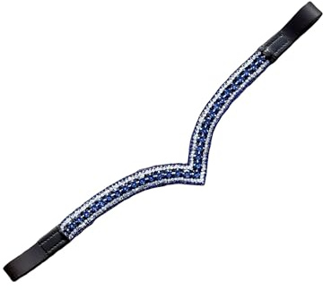 Horse Bling Browband for Bridle, V Shape, 5 Row Royal Blue and Clear Rhinestones, Black and Brown Leather, Dressage and Show Jumping (Black, Full)