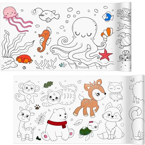 2 Rotoli di Carta da Disegno per Bambini, Rotolo da Colorare Autoadesivo con Temi Animali Terrestri e Marini, Tagliabile e Riutilizzabile, Giochi Educativi e Creativi per Ragazzi e Ragazze 30 × 300 cm