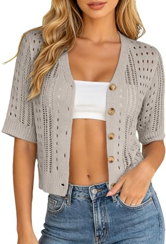 WVONIF Cardigan Court Femme Manches Courtes en Tricot Ajouré, Col V Boutonné Léger Respirant Cropped Gilet, Veste d'été pour Plage Vacances Sorties Quotidiennes