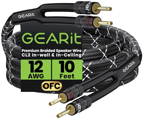 GEARit 12 Gauge Speaker Cable with Banana Plugs 10 ft,CL2 Rated OFC Speaker Wire with Gold-Plated Tips,Braided Speaker Wire for Audiophiles,Hi-Fi Systems,Home Theater,Amplifiers & Speakers(Black)