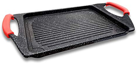 Cflagrant® Grande Plancha/Grill Effet Pierre 42x27 cm Greblon C3 Sans PFOA – Poignées Silicone Amovibles-Tous Feux Dont Induction et Four Cuisson Viande, Poisson, Légumes, Fruits de Mer, Cuisine Saine