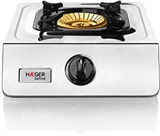 HAEGER SAFINE - Gaskocher mit patentierter Technologie, Automatische Zündung PIEZO, Doppelbrenner in Bronze mit 110 mm, Körper aus INOX, Anti-Rutsch-Füße und Fuß für große Pfannen