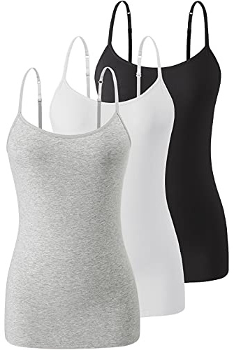 Air Curvey 3 Pack Camisole Tops for Women Built in Bra Adjustable Spaghetti Strap Soft Cotton Undershirt Tanks Seamless Layering Tops Black Whte Grey L