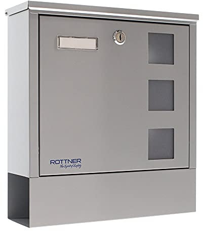 Rottner cassetta delle lettere Lago Silver, serratura a cilindro con 2 chiavi, acciaio, LxH 305x330 mm, kit di fissaggio incluso, supporto per giornale, finestrelle di ispezione, targhetta portanome