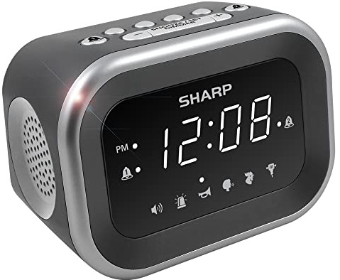 Sharp Big Bang Super Loud Alarm Clock for Heavy Sleepers, 6 Extremely Loud Wake Up Sounds: Rooster, Bugle, Nagging Mom, Jackhammer, Siren, Beep– Up to 115db Volume, Silver/Black with White LED Display