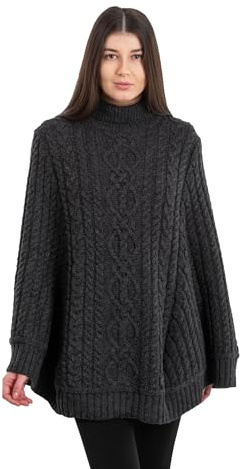 SAOL 100% lana merino lavorata a maglia da donna irlandese Aran Poncho Cardigan, Carbone, Large/X-Large