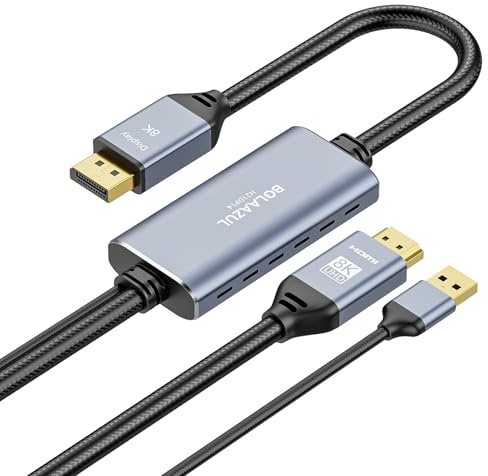 BolAAzuL HDMI 2.1 to DisplayPort Adapter Cable Uni-Directional, from HDMI Source to Display Port Display, Not Displayport to HDMI, Support 8K@30Hz 4K@120Hz 2K@144Hz, USB-Powered, Braided, 2M