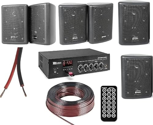 KIT AUDIO FILODIFFUSIONE BLUETOOTH CON 4 O 6 CASSE AUDIO DA PARETE COMPLETE DI STAFFE (6 CASSE NERE)