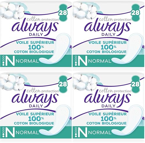 Always Dailies Cotton Protection Protège-Slips Normal 28 Protège-slips, Voile Supérieur 100% Coton Bio (Lot de 4)