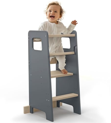 CADANI Jasper Lernturm ab 1. Jahr mit Anti Kipp Schutz - Montessori Küchenhelfer Massivholz bis 50 kg belastbar -Höhenverstellbar - Made in EU - Innovative Spitzenqualität, Grau