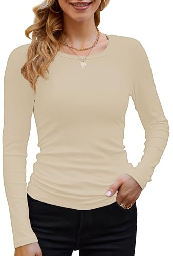 DUOEASE Tee Shirt Manche Longue Femme la Mode,Top Femme Élégant Col Rond Automne et Hiver Blanc cassé,S
