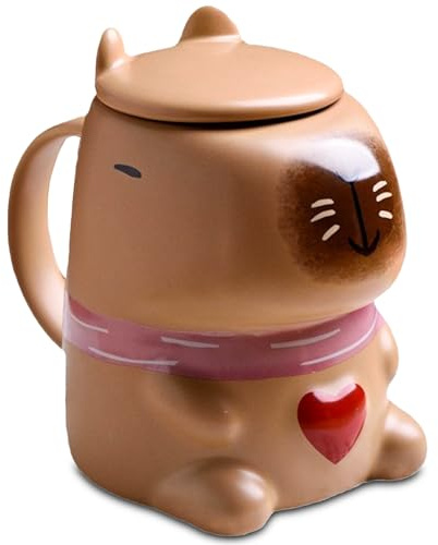 ZONSUSE Capybara-kaffekopp med lock, tecknad 3D keramisk mugg, Kawaii capybara-tekoppar, rolig present till familj och vänner (400 ml, brun)