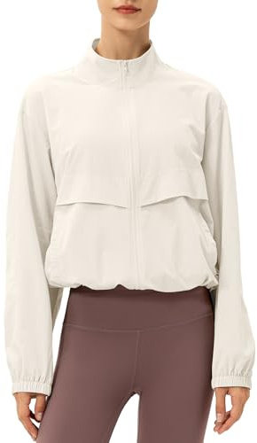 Gacaky Women's Lightweight Athletic Jacket Sun Protection Full Zip Long Sleeve Shirts Workout Track Jackets with Pocket Hiking Outdoor Beige M