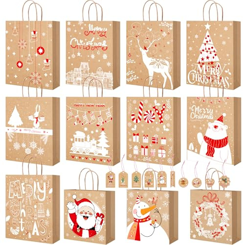 Sacchetti Regalo Natale -Sacchettini Regalo con Etichetta,12 Carta Kraft Sacchetto Regali Natale con Manici,Borse Regalo Natalizie Grandi,Borsine Regali Natalé Set,Sacchetti Natalizi Varie Dimensioni