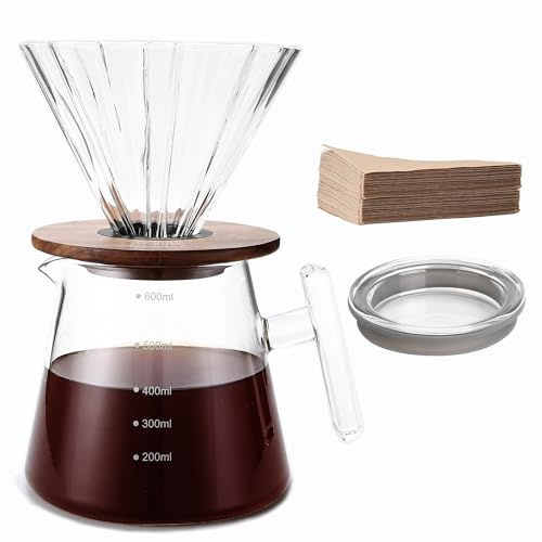 Lalord Häll över kaffebryggare, 20 oz borosilikatglas set med 100 st pappersfilter, valnötskrage och glaslock, droppkaffebryggare, 1-3 koppar, klar (600 ml (glashandtag))