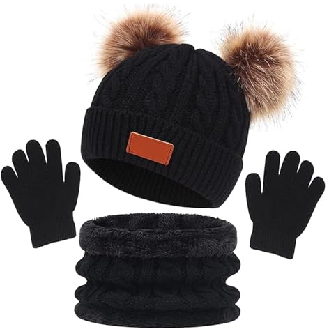 3 Pcs Kids Winter Hat Scarf Gloves Set, Knit Crochet Thick Warm Fluffy Beanie Hat Scarf and Gloves Set for Girls Boys Children Toddler Aged 3-8 years old, for Children Outdoor Sports(COLOR:Black)