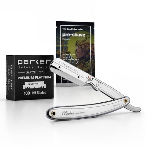 Parker Kit Rasatura Completo, Rasoio 31R in Acciaio Inox con 100 Lamette Single Edge Premium Platinum e Prebarba Dawn of Glory The Goodfellas' Smile