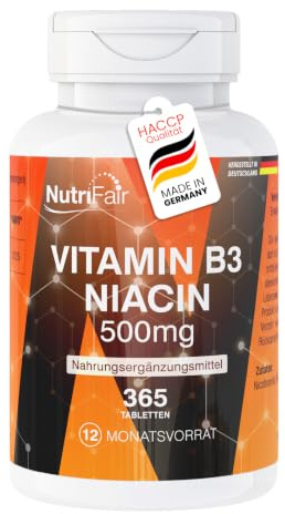 NutriFair, vitamina B3 (niacina) 500mg, 365 comprimidos, 500mg por comprimido, alta dosis, fáciles de tragar, 100% veganos, fabricados en Alemania y sometidos a pruebas de laboratorio