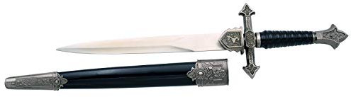 AMONT Dolch Mittelalterliches 15794, mit nickelfarbenem Knopf und Schutz, schwarzer Griff, Gesamtlänge 35,5 cm mit Stahlklinge, Schwarze Scheide mit nickelförmigen Details