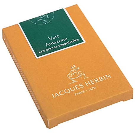 Jacques Herbin 11037JT - Scatola da 7 cartucce grandi - misura internazionale, per pennini e stilografiche - Verde amazzonia. Prodotto in Francia