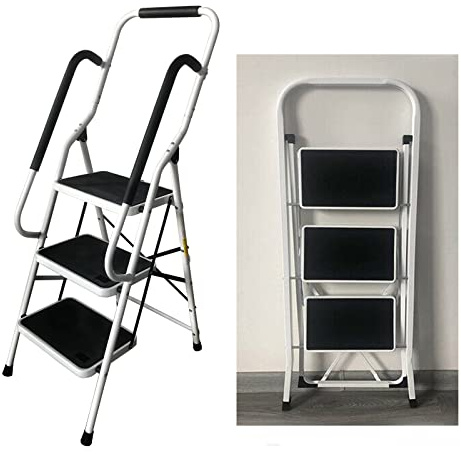 Scaletta pieghevole a 3 gradini, gradini pieghevoli in acciaio con corrimano, scaletta domestica antiscivolo, scala stabile, scala pieghevole, sgabello pieghevole per casa e cucina, portata fino a 150