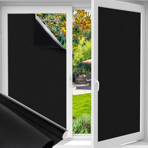 Funfox Blackout Window Film Privacy, Frosted Window Sticker, Dark Window Film Light Blocking, Opaque Glass Film Static Cling for Bathroom Office Kitchen Living Room Black Matte 90 x 400cm