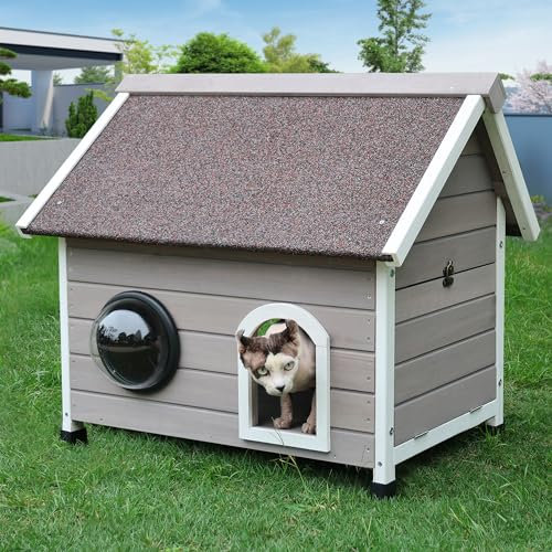 HiCaptain Casa para Gatos Exterior Resistente a la Intemperie, casa de Madera para Mascotas con Forma única, caseta Perros Exterior, Ventana de cúpula, Puerta de Escape y altillo extraíble, Gris