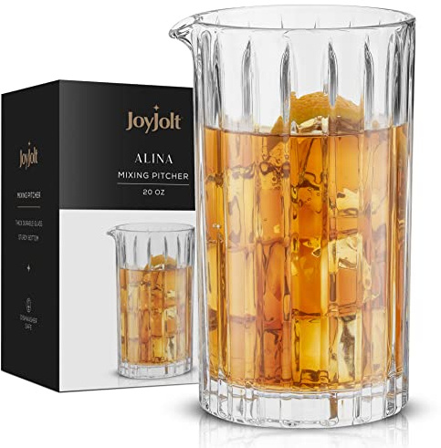 JoyJolt Mixing Glass Pitcher - Alina Ribbed Glassware. 20oz Cocktail Mixing Glass Beaker, Modern Art Deco Cocktail Stirring Glass, Heavy Base Glassware.