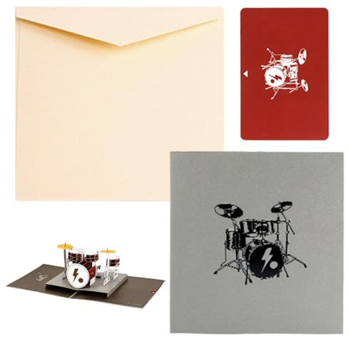 Anwangda Tarjeta 3D desplegable con sobre y tarjeta pequeña, tarjeta de cumpleaños e invitación para conciertos para músicos de batería (gris)