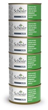 Schesir, Fuktigt foder för vuxna katter, kycklingfiléer, 100% naturlig gelé, 6-pack x 85 g