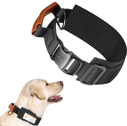OneTigris Tactical Hundehalsband, mit Leder Griff Metallschnalle und wasserdichte Tasche Schwarz L