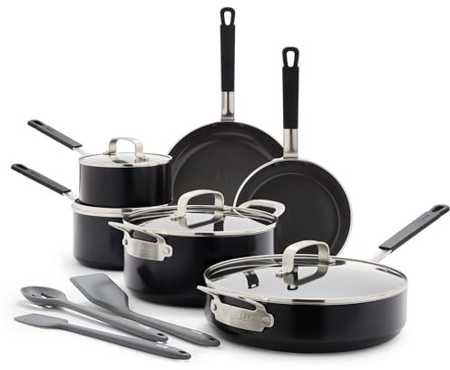 GreenPan x Bobby Flay 13 Piece Nonstick Cookware Pots and Pans Set, PFAS-Free Diamond Ceramic, Induction Suitable, Easy Clean Dishwasher & Oven Safe, Stay-Cool Silicone Handles, Glass Lids, Black