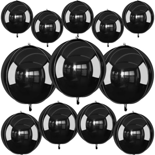 12Pcs Black Round Foil Balloons, 22 15 10 Metallic Black 4D Ball Balloons for Birthday Graduation Christmas New Year Eve Halloween Party Backdrop Decorations