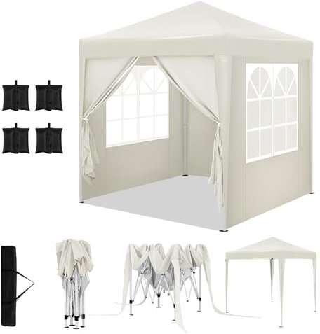 WOLTU Pabellón de Jardín Cenador Plegable Pérgola Cuadrada con Diseño Pop Up Carpa con Cubierta Tela Oxford Hecho de Tubos Metales, 2x2 m, 4PCS Bolsas de Arena Vacía para Carpas,Beis