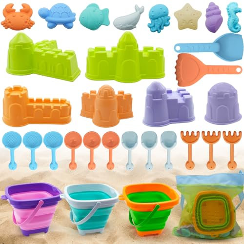 NINGESHOP Sandspielzeug Set, 32 Stück Sandspielzeug Strand, Sandkasten Strand Spielzeug Mit Falteimer, Sandspielzeug Set für Kinder und Kleinkinder, Wasserspielzeug, Sand Toys Kids, Mehrfarbig