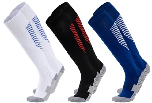 NHQZ 3 Paires De Chaussettes De Football Pour Enfants (35-38), Chaussette Foot, Chaussettes Enfant, Chaussette Antiderapante Enfant(Bleu Et Blanc/Bleu/Noir Et Rouge)