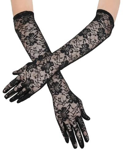 GAZIL Guantes largos de encaje negro para mujer, diseño floral, hasta el codo, encaje elástico para boda, fiesta vintage, baile y disfraces de mascarada