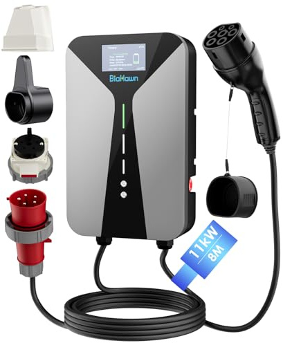 BiaHawn Wallbox Typ 2 11kW 16A mit 4,3 Display & FI-Schutz – 3-phasiges EV-Ladegerät, mit 8 m Typ-2-Ladekabel, Kabelhalter, IP65 – effiziente Ladestation für Zuhause, Wohnanlagen und Gewerbe