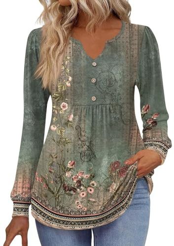 Generico Maglietta Donna Manica Lunga T Shirt Elegante Sexy Girocollo Cotone Camicia Oversize Fantasia Blusa Larga Invernale T Shirt Sportiva Sottogiacca Lavoro Tshirt
