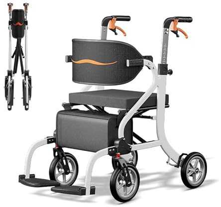 ZIIVIE VS Deambulateur Fauteuil Roulant 4 en 1, Déambulateur 4 Roues Pliable Leger avec Poignée Réglable à 6 Positions, Rollator en Aluminium avec Siège et Sac de Rangement, 9.8Kg