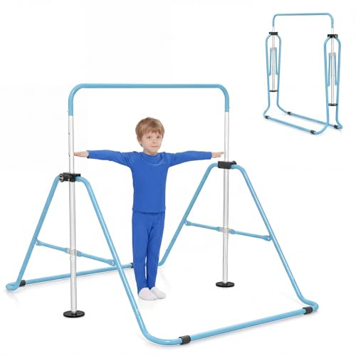 COSTWAY Barra de Gimnasia Plegable para Niños, Barra Horizontal de Entrenamiento, Altura Ajustable de 5 Niveles, Base Antideslizante, 3-12 Años (Azul)