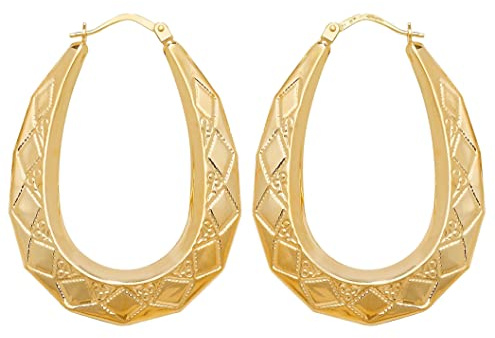9ct Yellow Gold on Silver Large Diamond Cut Patterned Oval Creole Hoop Earrings