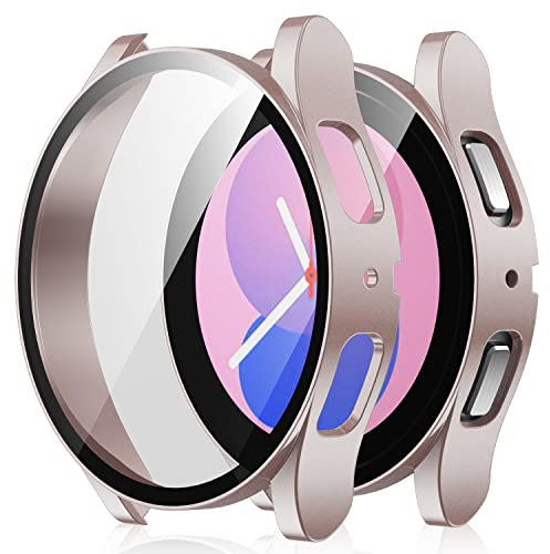 Amizee 2 Stück Hard Hülle Kompatibel mit Samsung Galaxy Watch 5/Watch 4 Schutzhülle 44mm mit Glas Displayschutz, Ultradünn Kratzfeste Schutzhülle für Galaxy Watch 4/5 44mm (Roségold/Transparente)