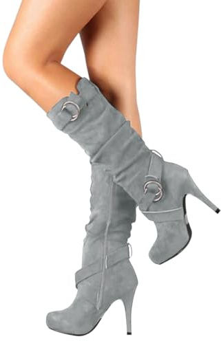 shownicer Donna Stivali Classico Moda Plateau Tacco Alto Stivali al Ginocchio Autunno Inverno Scamosciato Pelle Lunghi Stivali A Grigio 39 EU