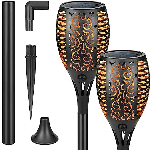CECOMBINE Solar Lights for Outdoor Garden, Pack of 2 33 LED Solar Lamp with Wall Mount for Outdoor Solar Torch Garden Torches, IP65 Waterproof Flame Light for Outdoors, Gardens, Backyards, Lawn