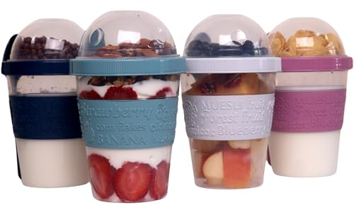 Salda 4 Pack 20 oz Breakfast On the Go Cups, Take and Go Yogurt Cup with Topping Cereal Cup with spoon, Overnight Oats or Oatmeal Container Jar, Colorful Set of 4