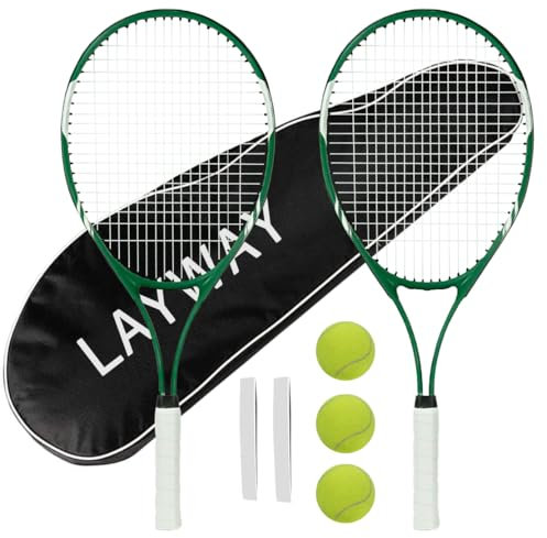 Tennisschläger für 2 Spieler, Freizeit für Anfänger, vorbespannt, 68 cm, leichtes Erwachsenen-Schläger-Set für Damen und Herren, mit Tennisbällen, Overgrips und Tragetasche (grün)